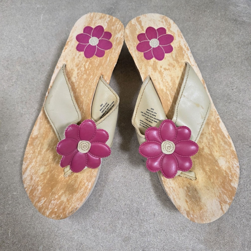 Vintage Flower Power Velcro Wood Look Wedge Thong Sandals Sz 7-8
